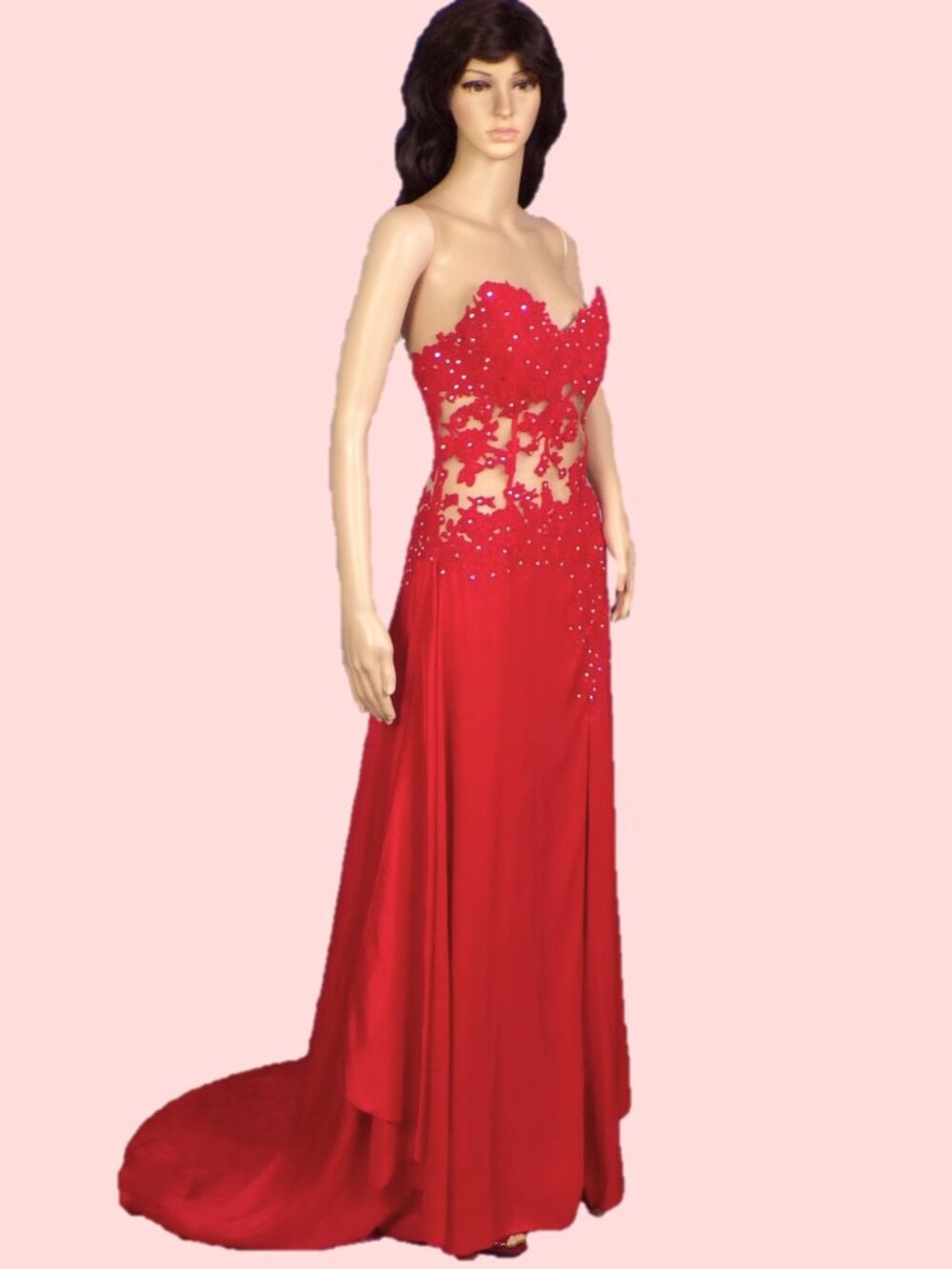 JOVANI red off-the-shoulder satin & lace floor-sweeper gown unknown small size